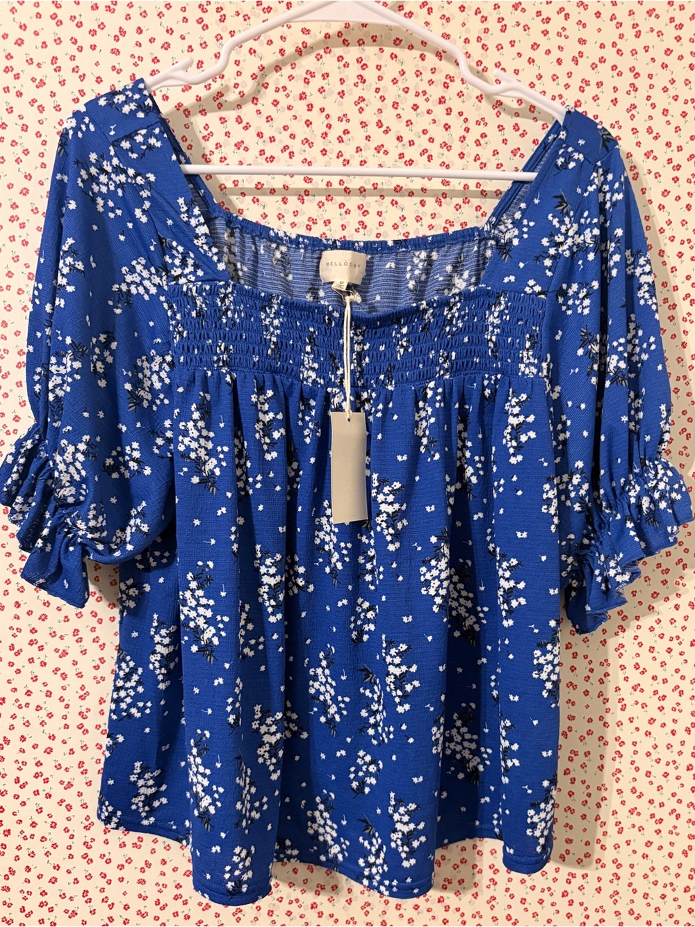 MELLODAY Royal Blue Floral Smocked Square-Neck Blouse